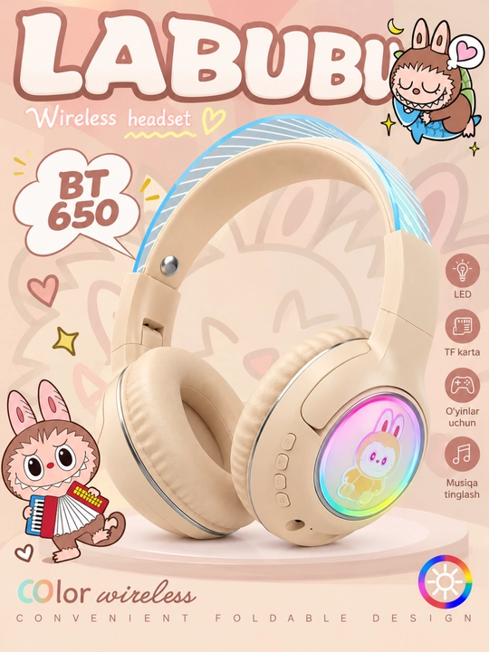 LABUBU BT 650 беспроводные наушники, RGB подсветка, TF карта, микрофон
