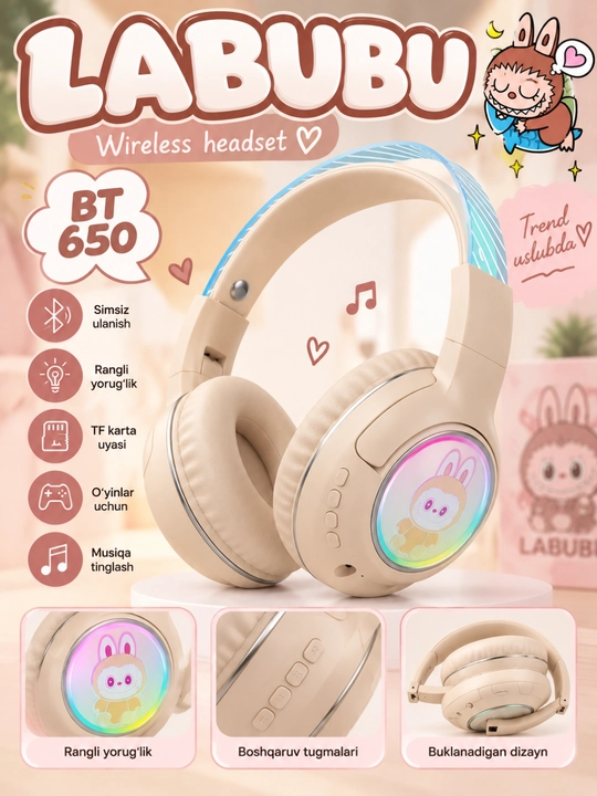 LABUBU BT 650 беспроводные наушники, RGB подсветка, TF карта, микрофон - 