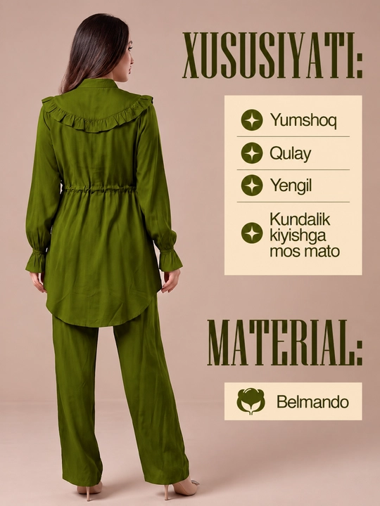 Ayollar uchun zamonaviy kostyum to‘plami – tunika va shim komplekti