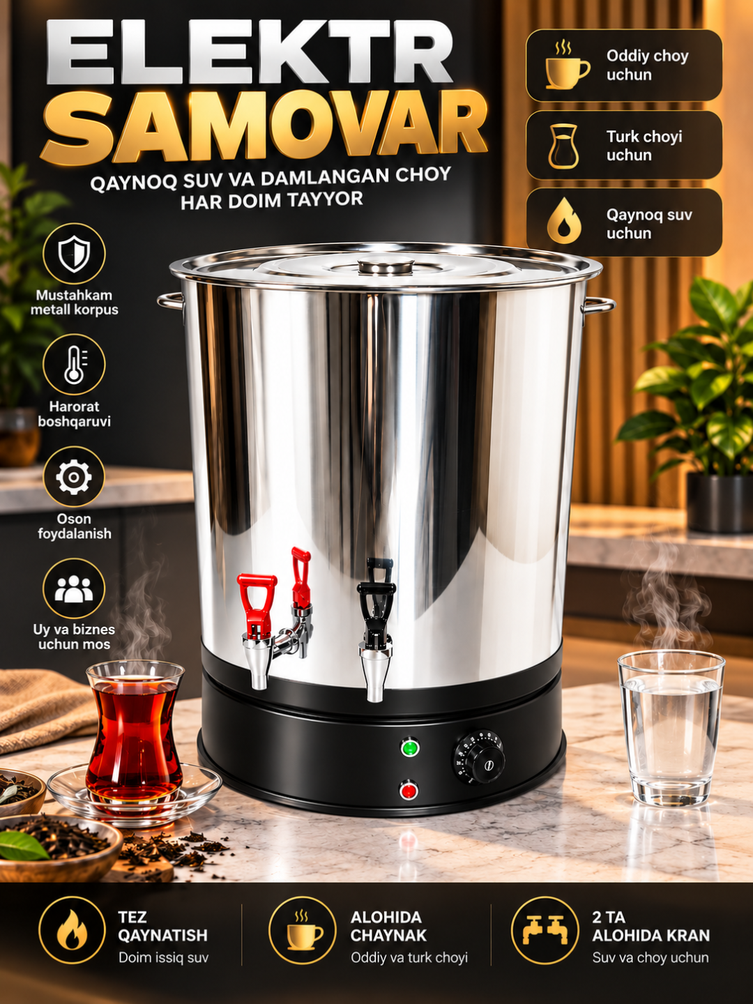 Elektr samovar 2 kranli, ichki choynakli, oddiy va turk choyi uchun - 