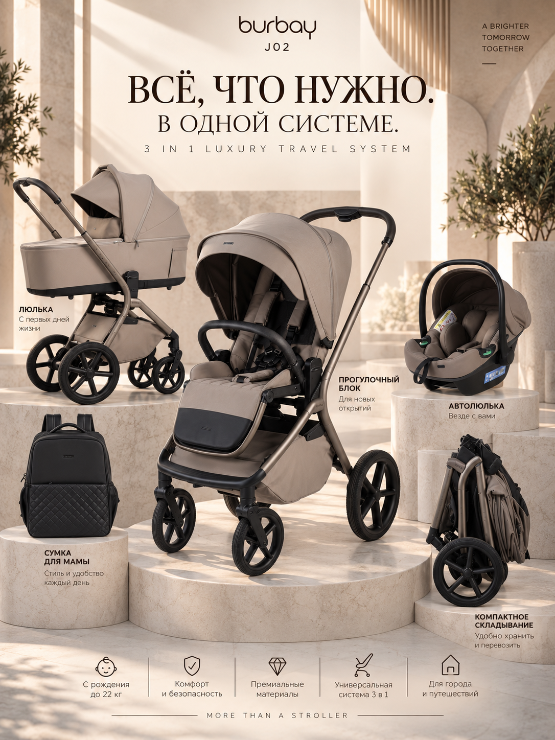 BURBAY J02 Luxury 3 tasi 1 da bolalar aravachasi, beshik, sayr bloki va avtokreslo bilan - 