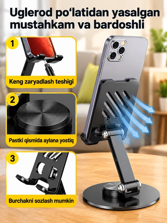 Metall telefon va planshet uchun sozlanadigan, 360° aylanuvchi taglik