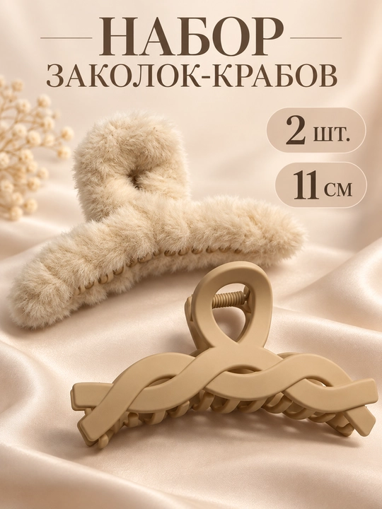Заколка-краб универсальная, 8 см — набор 2 шт, черная и коричневая - 