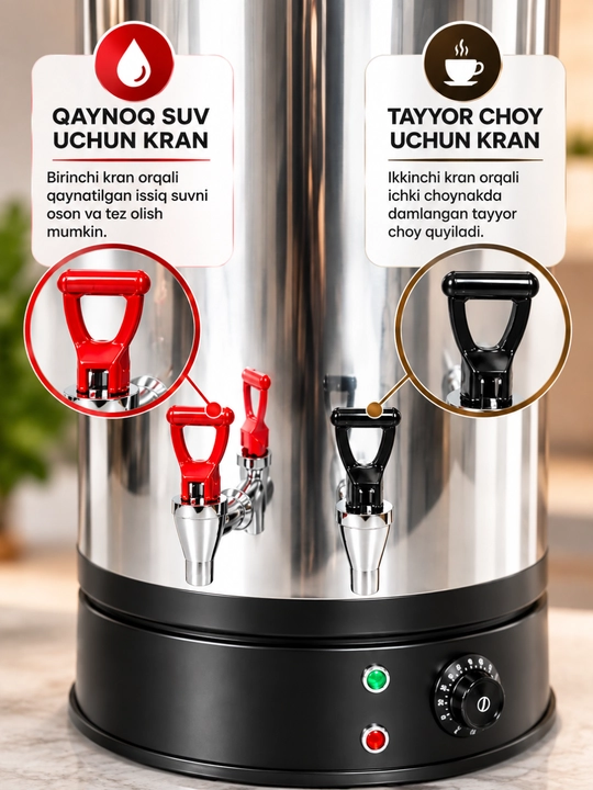 Elektr samovar 2 kranli, ichki choynakli, oddiy va turk choyi uchun