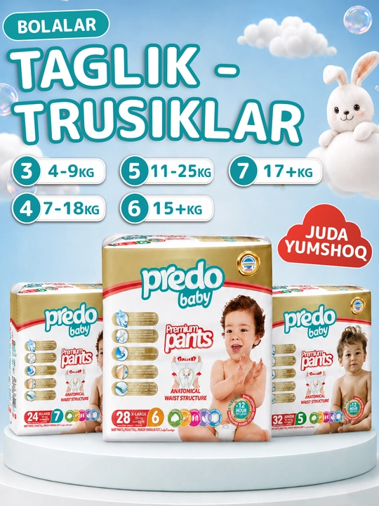 Подгузники трусики детские Predo Baby памперсы 3, 5, 6, 7 размер для мальчиков и девочек - 