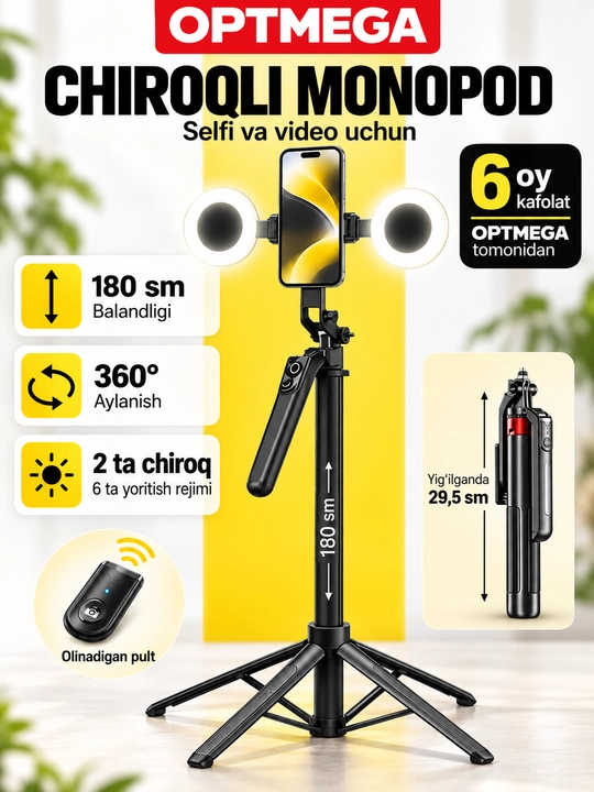 Telefon uchun shtativ, selfi uchun monopodi, Bluetooth pulti va chiroqlari bilan, 180 sm - 