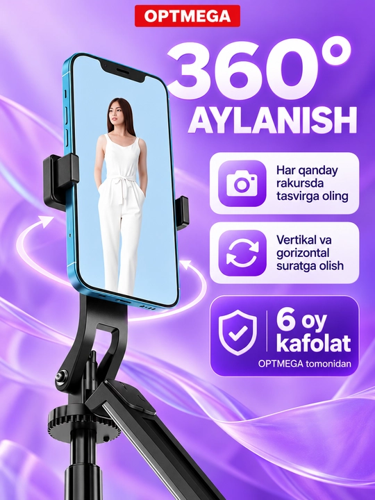 Telefon uchun shtativ, selfi uchun monopodi, Bluetooth pulti va chiroqlari bilan, 180 sm
