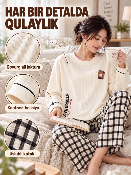 Женская пижама с брюками, мягкий комплект домашний костюм с карманами и длинным рукавом