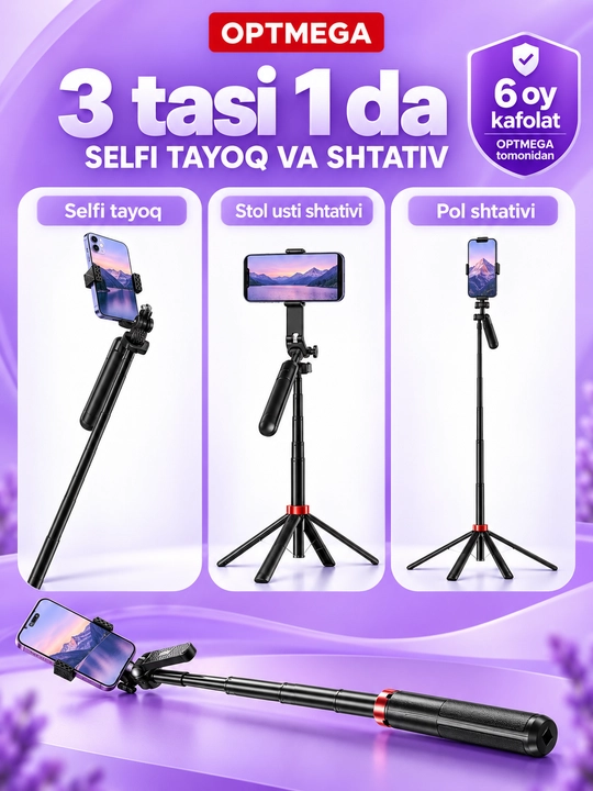 Telefon uchun shtativ, selfi uchun monopodi, Bluetooth pulti va chiroqlari bilan, 180 sm