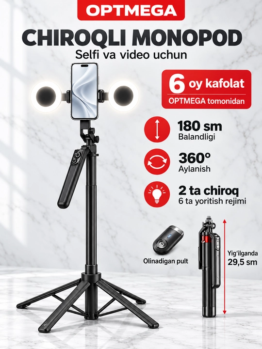 Telefon uchun shtativ, selfi uchun monopodi, Bluetooth pulti va chiroqlari bilan, 180 sm - 