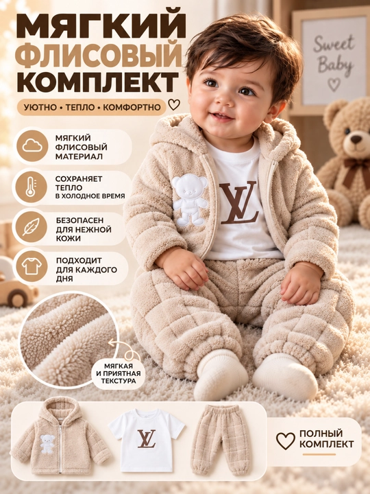 1 yoshli bolalar uchun yumshoq baxmal kostyum-uchlik