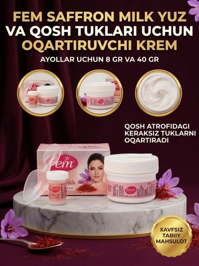 Qosh va yuzdagi keraksiz tuklarni oqartiruvchi krem FEM Creme Bleach Saffron & Milk, 40 g - 