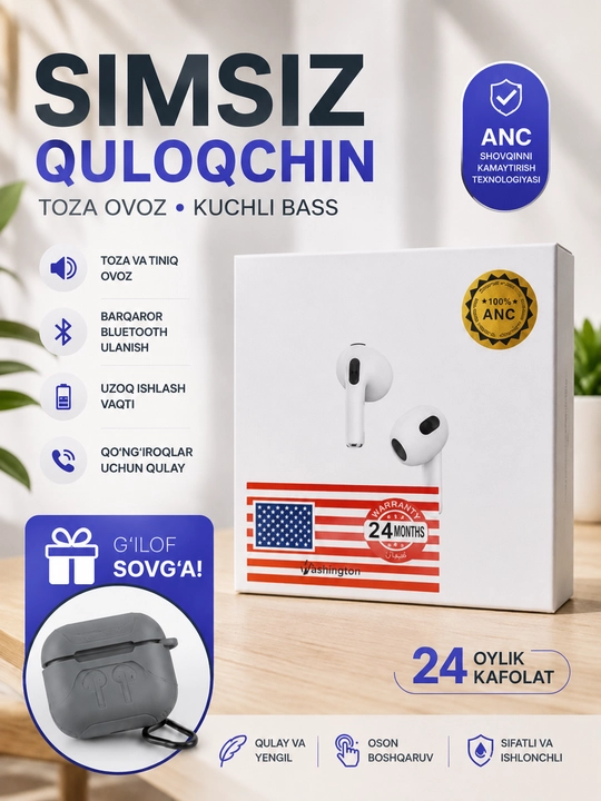 Simsiz quloqchinlar, oq rang, futlyar, kabel - 