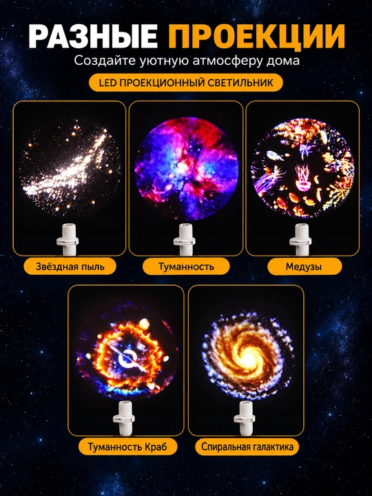 Yulduzli proyektor oy nuri, LED tungi chiroq, USB, atmosfera yotoqxona