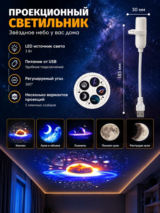 Yulduzli proyektor oy nuri, LED tungi chiroq, USB, atmosfera yotoqxona