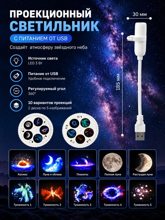 Yulduzli proyektor oy nuri, LED tungi chiroq, USB, atmosfera yotoqxona
