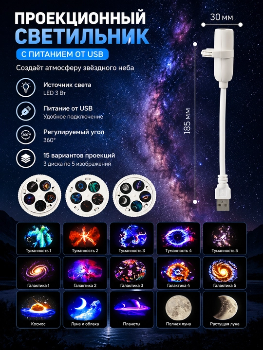 Yulduzli proyektor oy nuri, LED tungi chiroq, USB, atmosfera yotoqxona