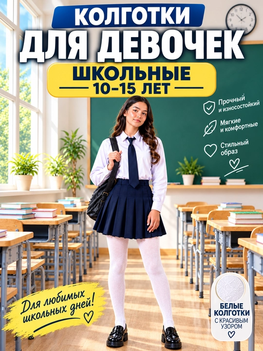 Белые школьные колготки для девочек подростков 10–15 лет