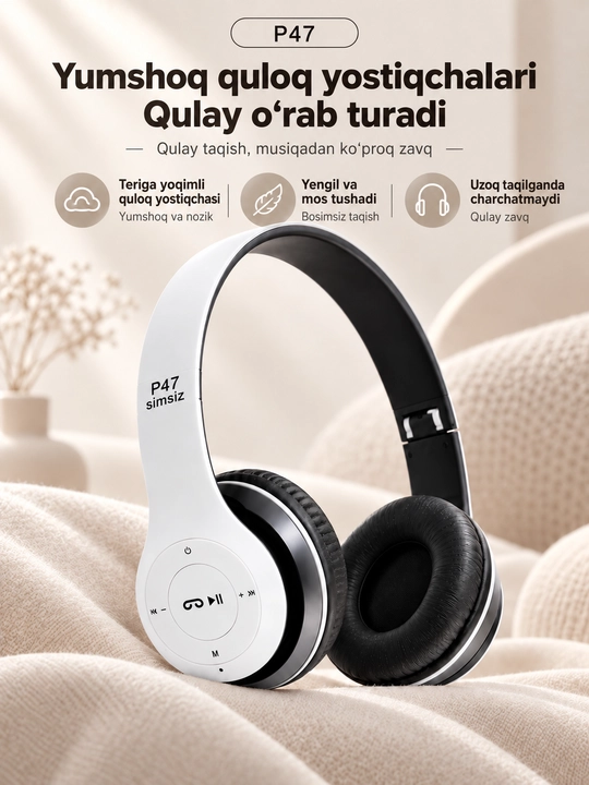 P47 simsiz quloqchin, buklanadigan, stereo ovozli, mikrofonli, musiqa va qo‘ng‘iroq uchun