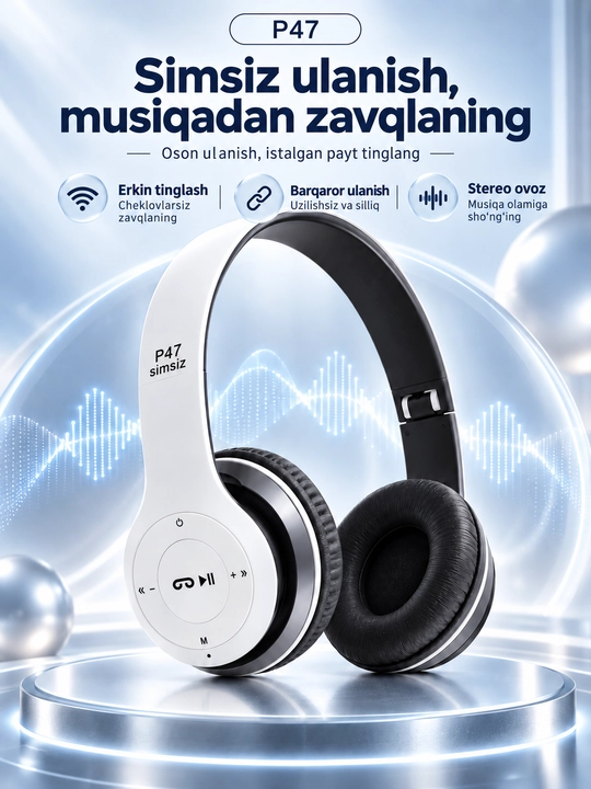 P47 simsiz quloqchin, buklanadigan, stereo ovozli, mikrofonli, musiqa va qo‘ng‘iroq uchun