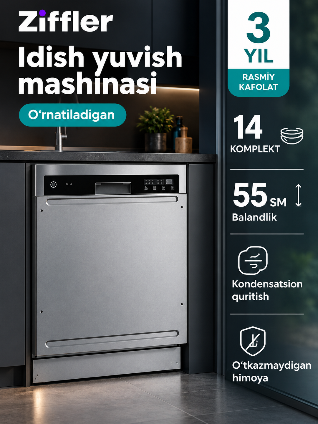Ziffler idish yuvish mashinasi, uy va oshxona uchun idish yuvish mashinasi, 60 sm - 