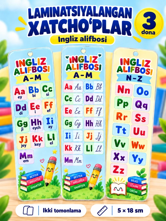 Ingliz alifbosi — ikki tomonlama laminatsiyalangan xatcho‘plar, 1-3 dona - 