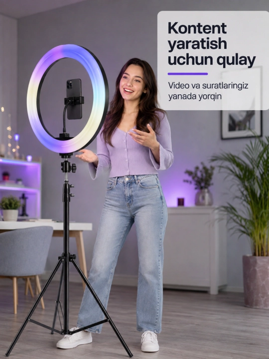 RGB halqali lampa, telefon tutqichli va balandligi sozlanadigan yig‘iladigan shtativ - 
