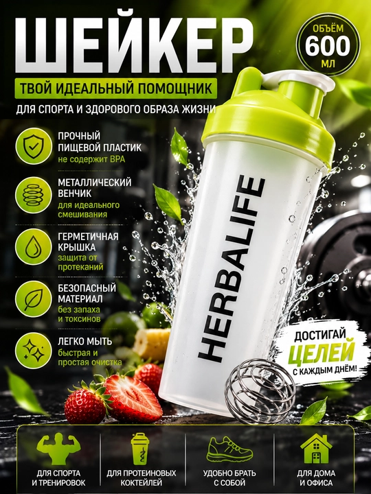 Шейкер спортивный, HERBALIFE, для протеина и коктейлей, бутылка для фитнеса - 