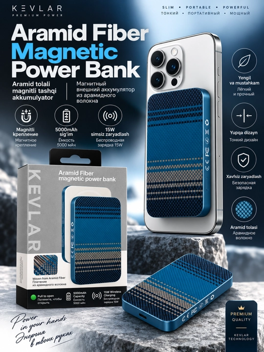 Power Bank tashqi simsiz akkumulyatori MagSafe va magnitli zaryadka bilan kevlardan - 