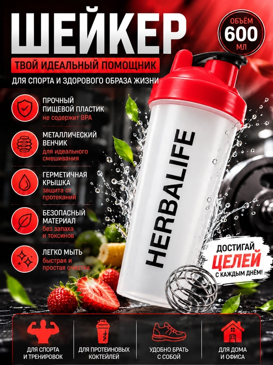 Шейкер спортивный, HERBALIFE, для протеина и коктейлей, бутылка для фитнеса - 