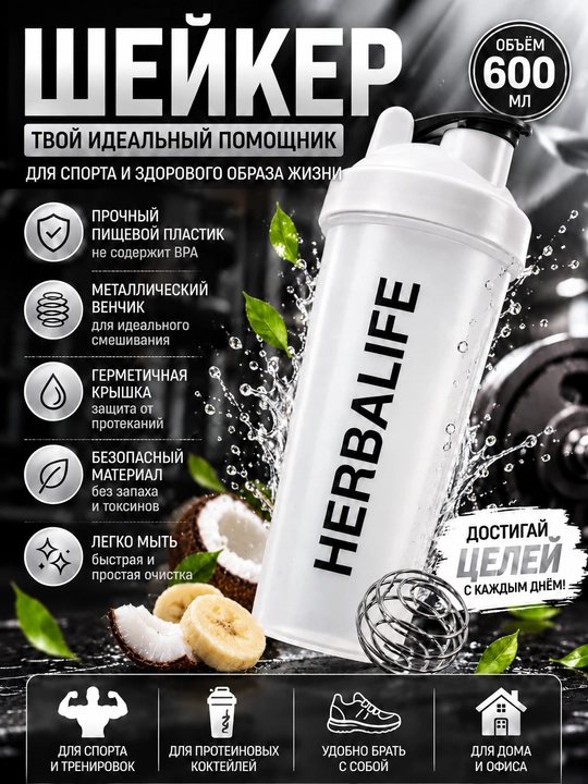 Шейкер спортивный, HERBALIFE, для протеина и коктейлей, бутылка для фитнеса - 