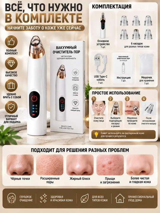 Yuz uchun vakuumli teshikcha tozalagich, 99 daraja, 3 rejim, 6 nasadka, LCD