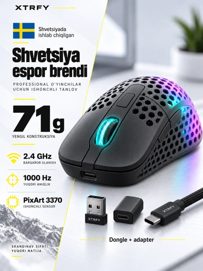 Xtrfy M4 Wireless simsiz o‘yin sichqonchasi, 19000 DPI, 71 g, RGB yoritgichli