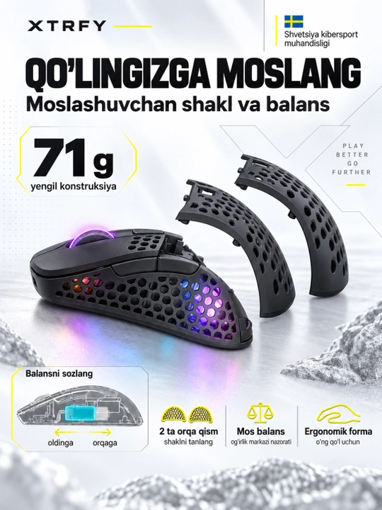 Xtrfy M4 Wireless simsiz o‘yin sichqonchasi, 19000 DPI, 71 g, RGB yoritgichli