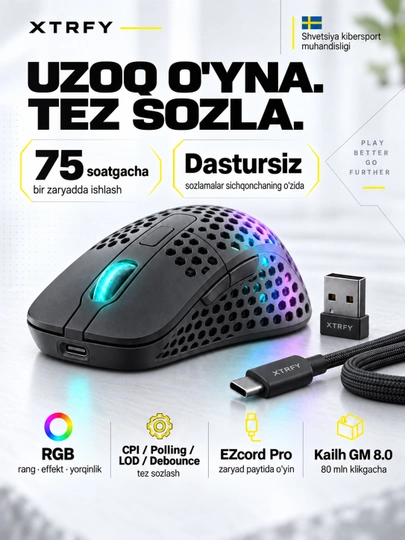 Xtrfy M4 Wireless simsiz o‘yin sichqonchasi, 19000 DPI, 71 g, RGB yoritgichli