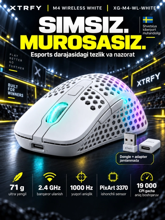 Xtrfy M4 Wireless simsiz o‘yin sichqonchasi, 19000 DPI, 71 g, RGB yoritgichli - 