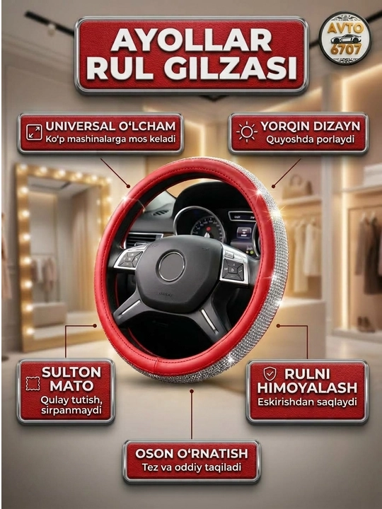 Avtomobil ruli uchun chexol, ayollar g'ilofi yaltiroq straza toshli - 