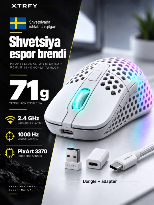 Xtrfy M4 Wireless simsiz o‘yin sichqonchasi, 19000 DPI, 71 g, RGB yoritgichli