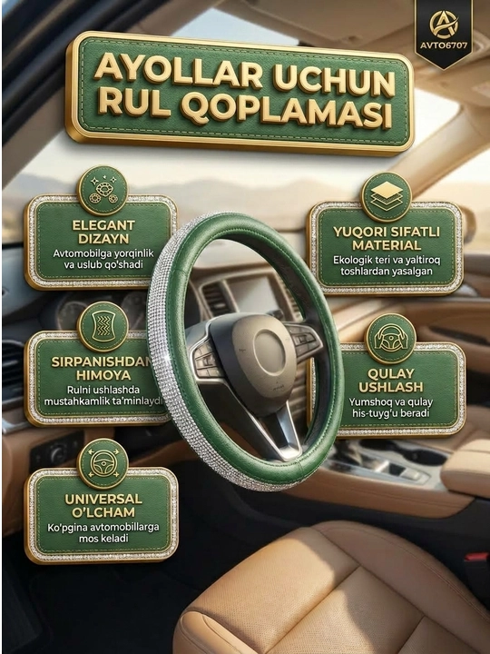 Avtomobil ruli uchun chexol, ayollar g'ilofi yaltiroq straza toshli - 