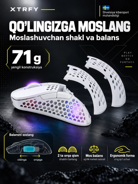 Xtrfy M4 Wireless simsiz o‘yin sichqonchasi, 19000 DPI, 71 g, RGB yoritgichli