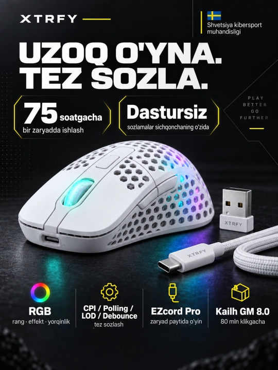 Xtrfy M4 Wireless simsiz o‘yin sichqonchasi, 19000 DPI, 71 g, RGB yoritgichli