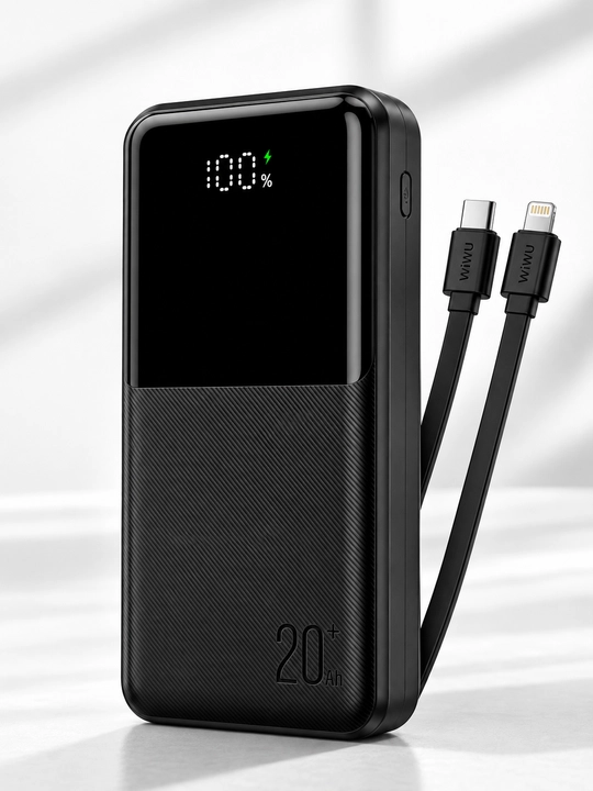 Powerbank WiWU WI-P082 20000 mAh , o‘rnatilgan kabelli tashqi akkumulyator, qora