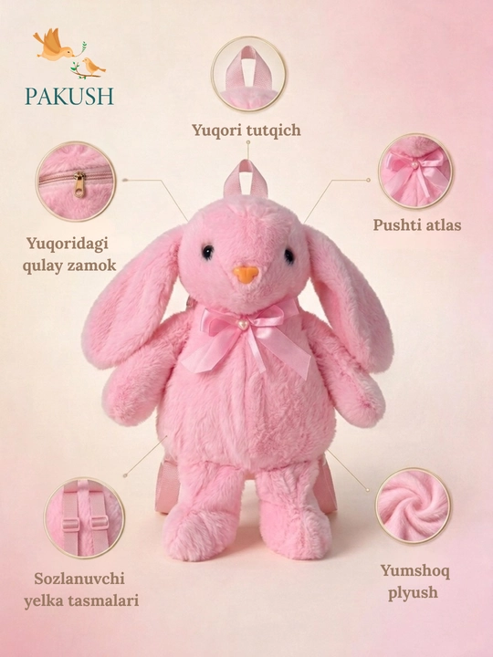 Детский плюшевый рюкзак-игрушка Зайчик с бантиком, soft рюкзак для девочек - 