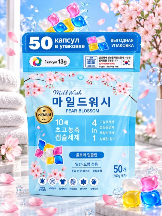 MildWash Pear Blossom Premium kir yuvish kapsulalari 4in1, 50 dona