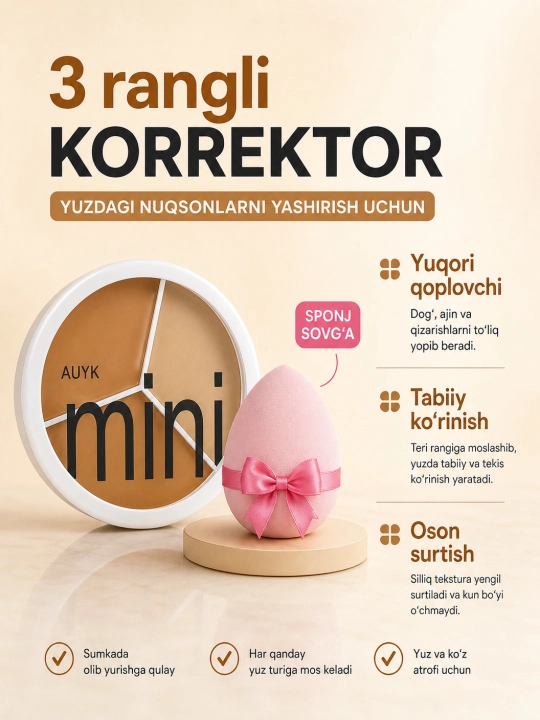 Konsiler-xaylayter va korrektor yuz uchun AYUK, ikki tomonlama bo'yanish konturi, 3v1 da