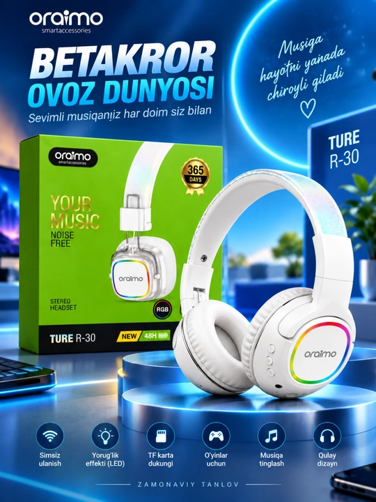 Oraimo ture r-30 simsiz bluetooth naushnik, rgb, mikrofon, stereo ovoz, 48 soat - 