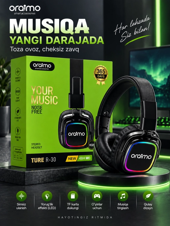 Oraimo ture r-30 simsiz bluetooth naushnik, rgb, mikrofon, stereo ovoz, 48 soat - 