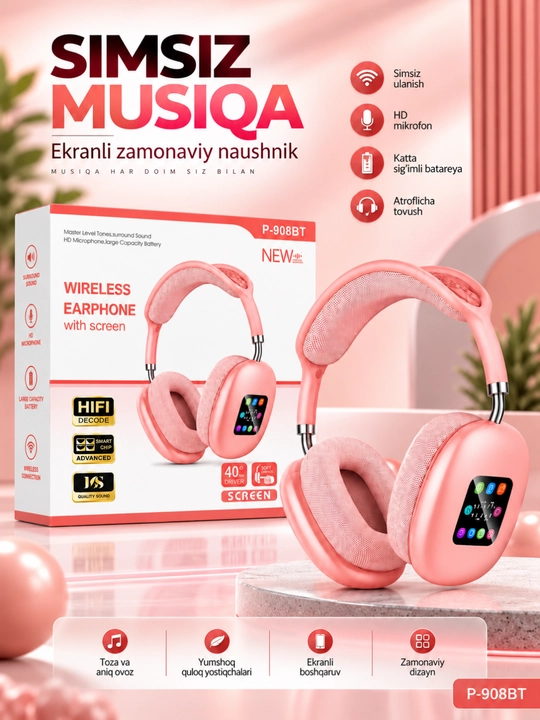 P-908BT simsiz Bluetooth sensorli ekran va mikrofonli quloqchinlar - 