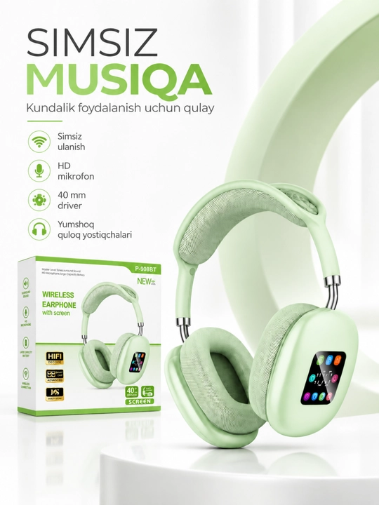P-908BT simsiz Bluetooth sensorli ekran va mikrofonli quloqchinlar - 