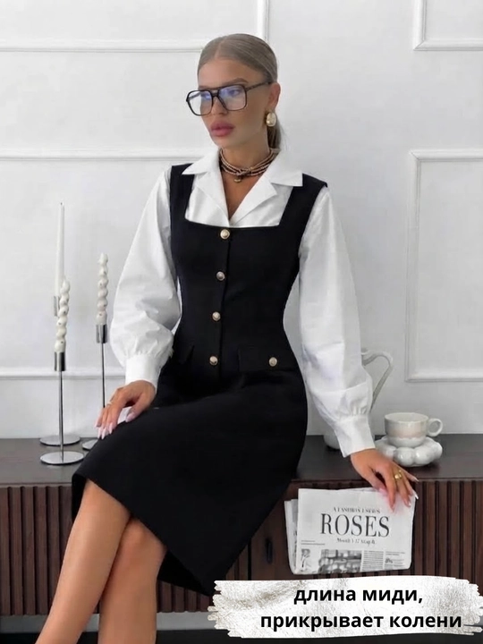 Old Money uslubidagi qora ayollar sarafan ko‘ylagi, ofis uchun, kundalik